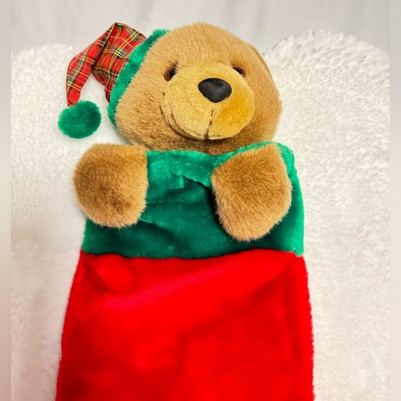 Vintage Christmas Stocking Teddy Bear Santa Hat 80’s 90s Cute Grannycore Classic - Picture 3 of 11